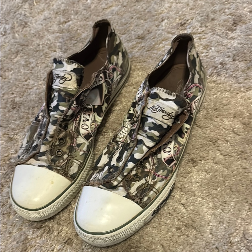 🍍 Ed Hardy Women's Laceless Camo Rose and Panther Sneaker Low Top Slip-on Sz 13🍍